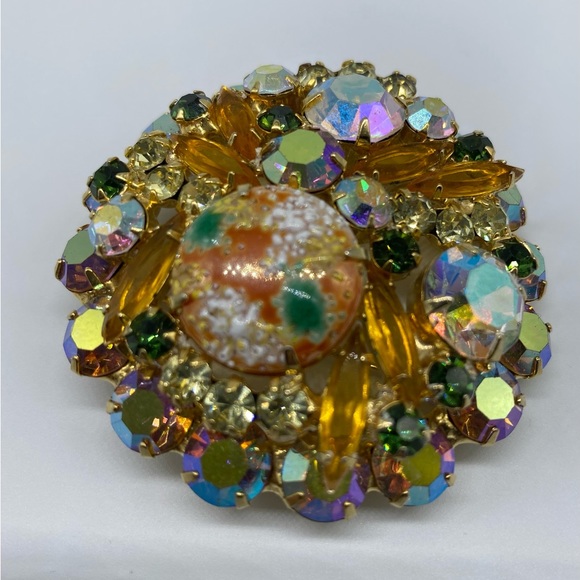 VINTAGE JULIANA DELIZZA ELSTER D&E ORANGE GREEN EASTER EGG RHINESTONES BROOCH - Picture 2 of 7